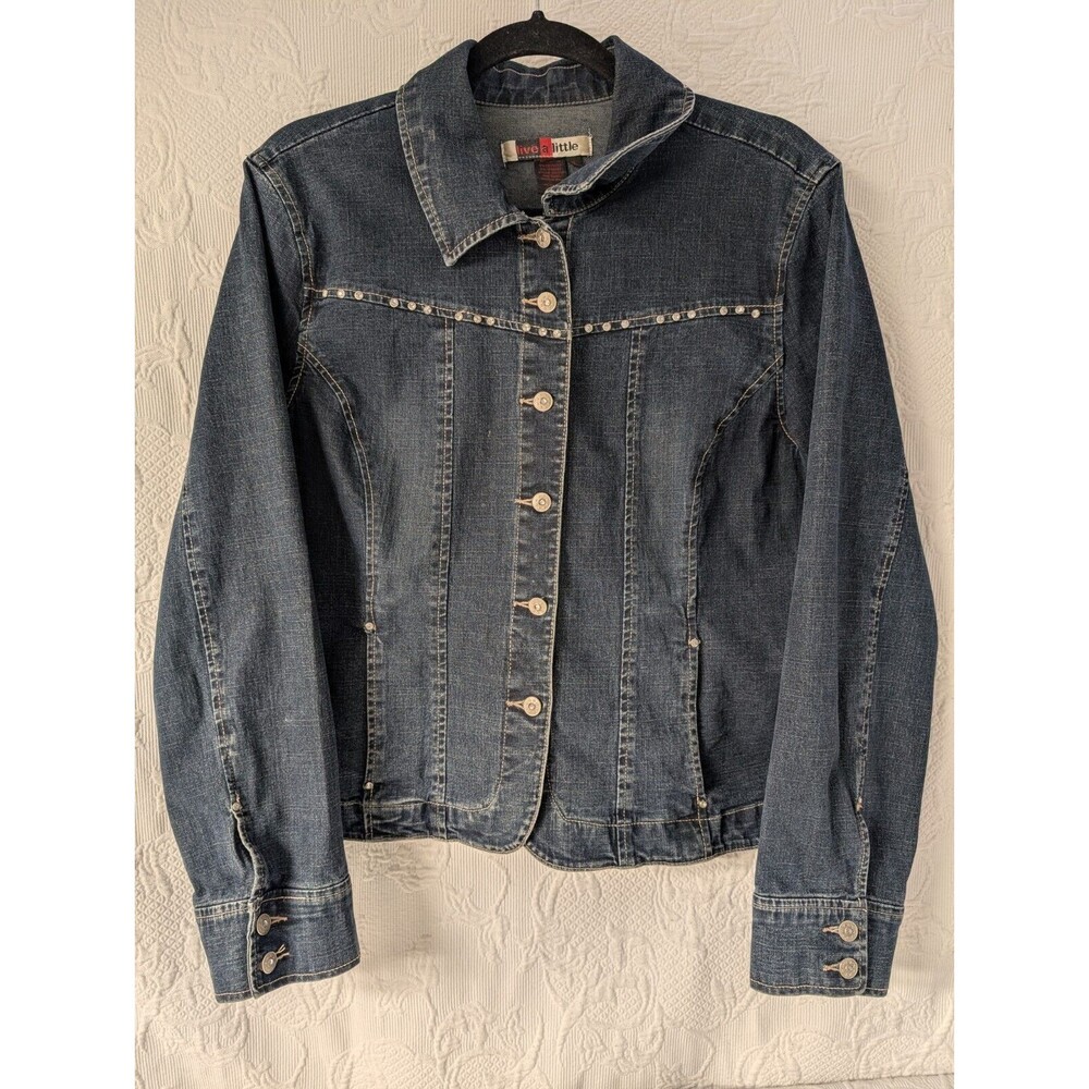 Vintage Y2K Live A Little Studded XL Denim Jacket Classic Pockets Stretch